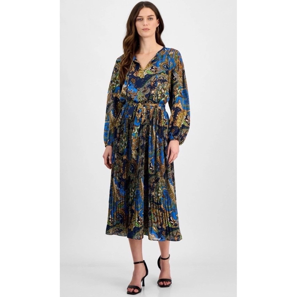 NWT $148 T-Tahari Royal Paisley Dress Blue Multi Color Self Tie Waist Belt S/P